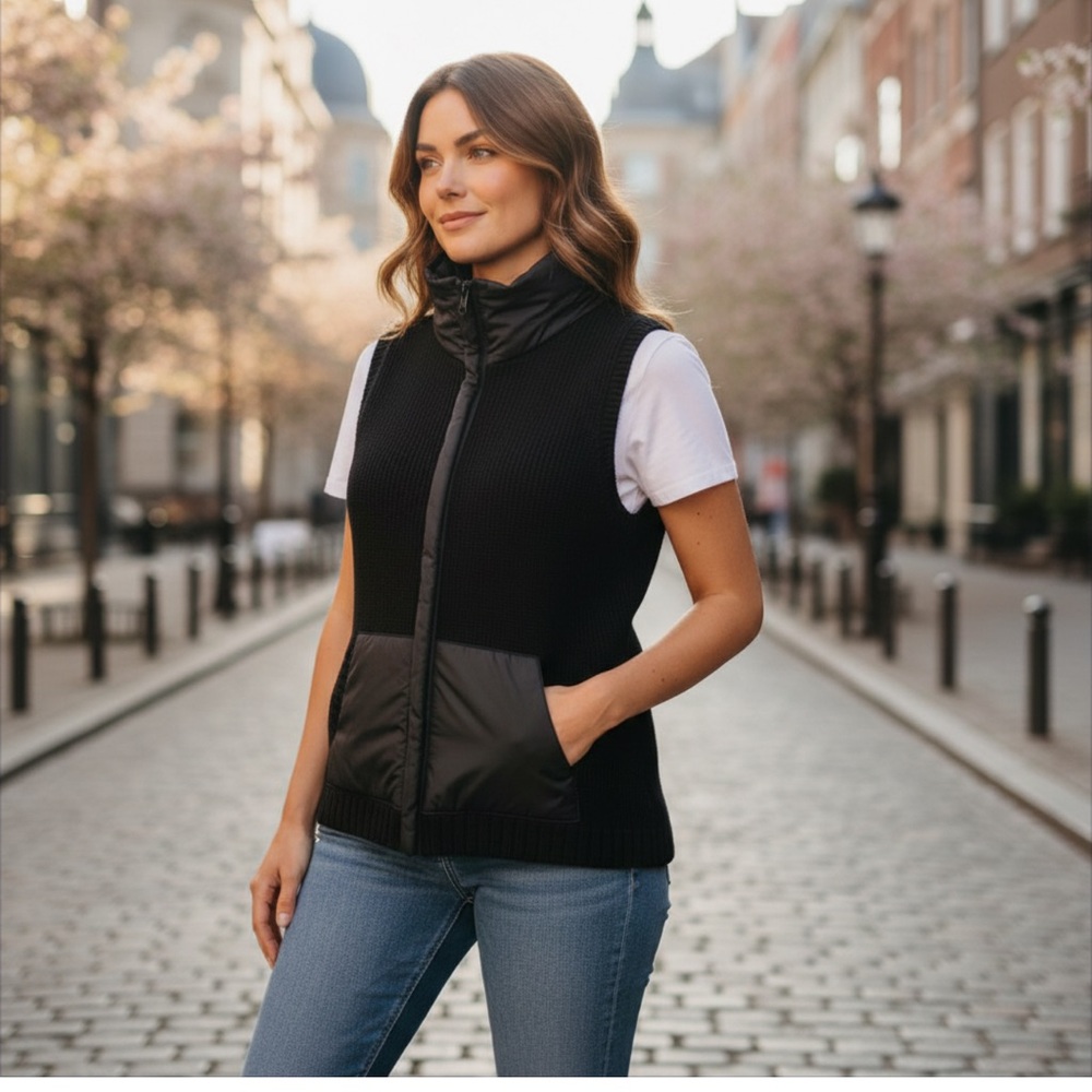 Eileen Fisher black sleeveless merino‎ wool Puffer jacket vest large